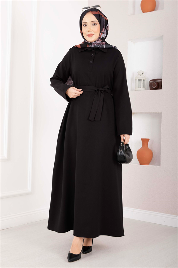 Softline Half-Button Belted Hijab Dress Black