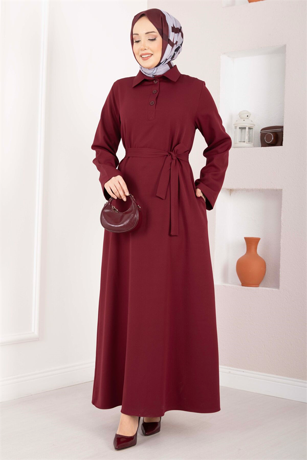 Softline Half-Button Belted Hijab Dress Burgundy