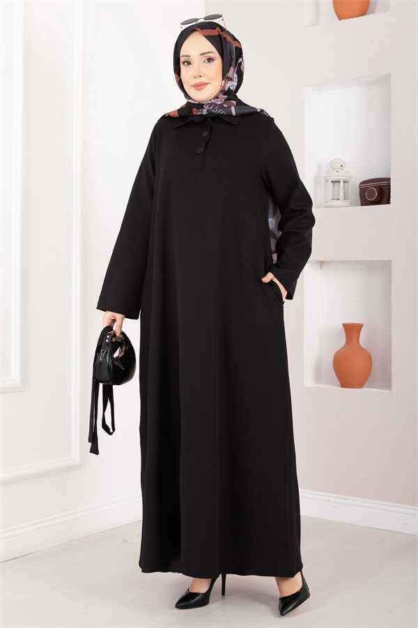 Softline Half-Button Belted Hijab Dress Black