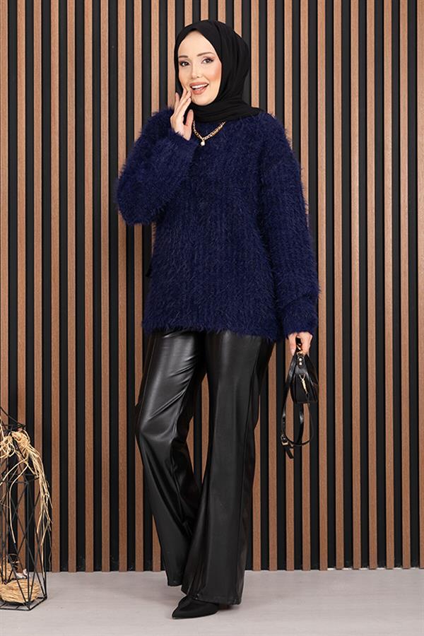 Softy Plush Textured Knit Sweater Navy Blue