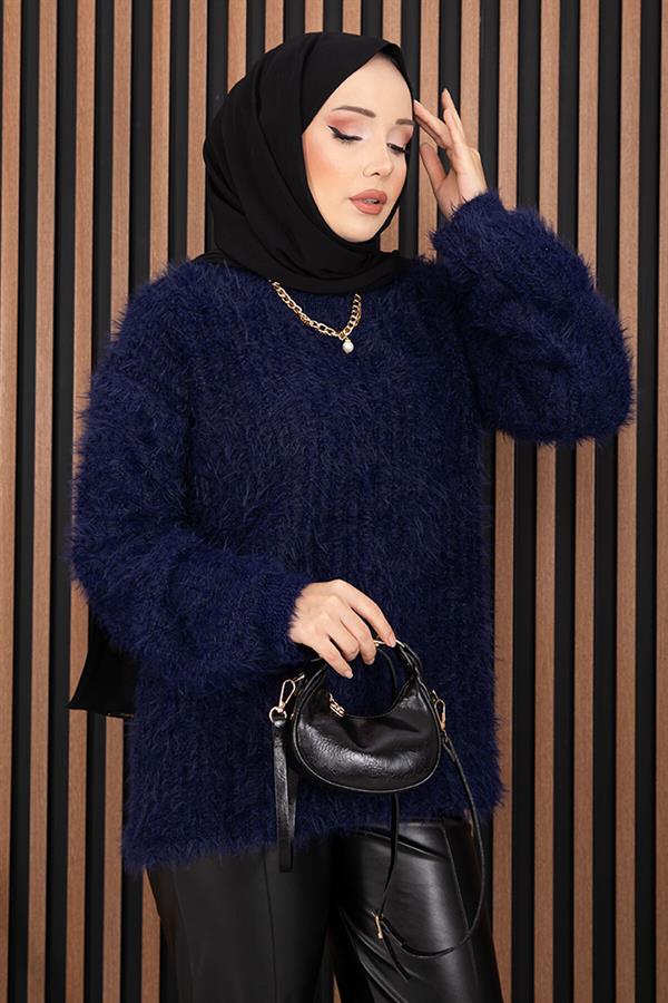 Softy Plush Textured Knit Sweater Navy Blue