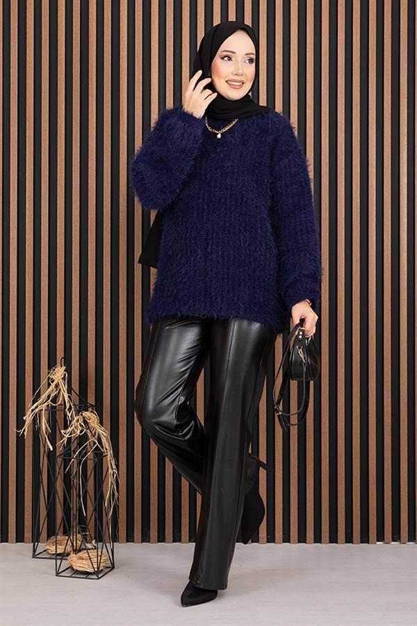 Softy Plush Textured Knit Sweater Navy Blue