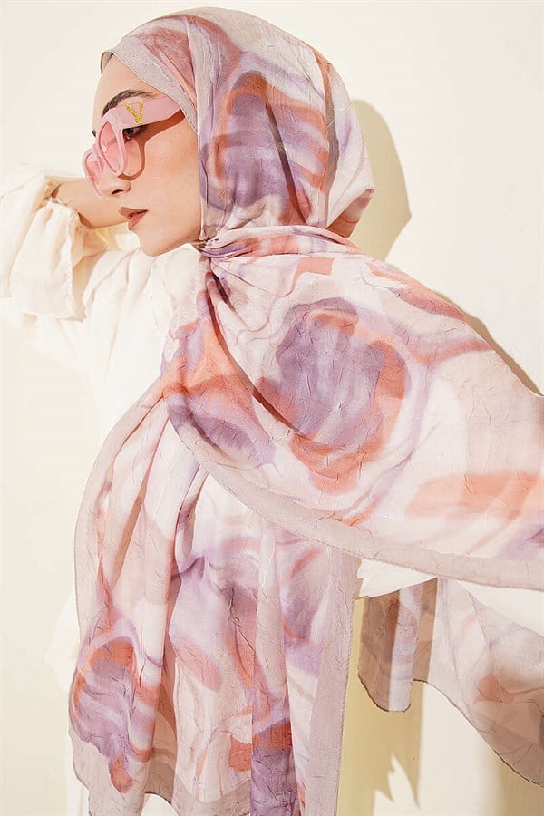 Abstract Leaf Pattern Bamboo Crush Shawl Beige