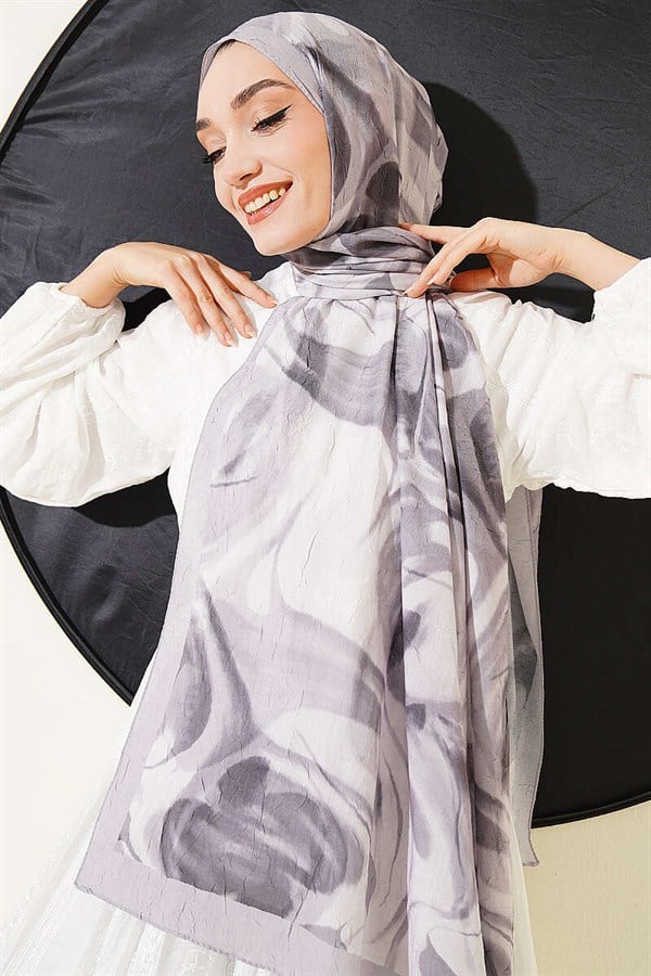 Abstract Leaf Pattern Bamboo Crush Shawl Grey