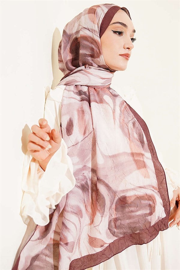 Abstract Leaf Pattern Bamboo Crush Shawl Coffee