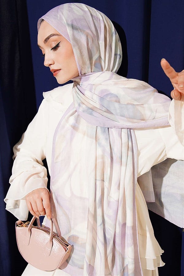 Abstract Leaf Pattern Bamboo Crush Shawl Lilac