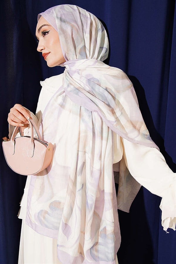 Abstract Leaf Pattern Bamboo Crush Shawl Lilac