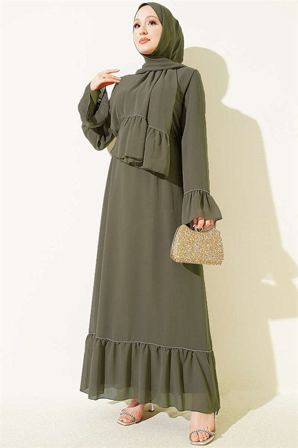 Waterway Embellished Shawl Chiffon Dress Khaki