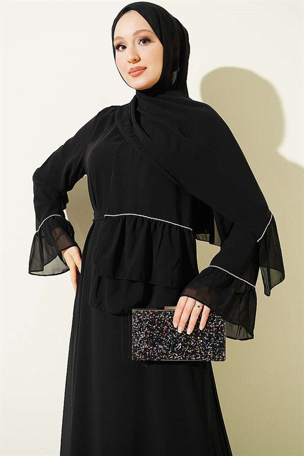 Waterway Embellished Shawl Chiffon Dress Black