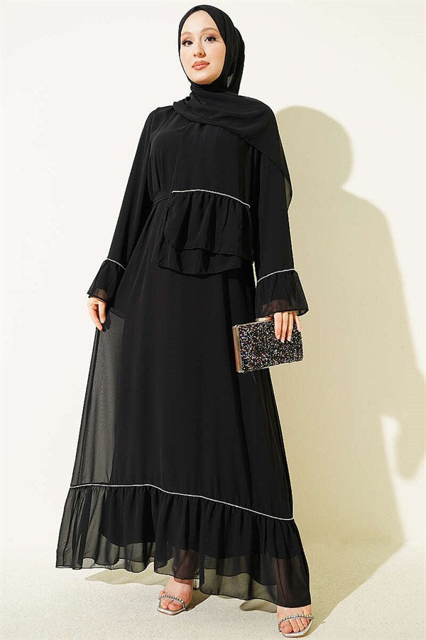 Waterway Embellished Shawl Chiffon Dress Black