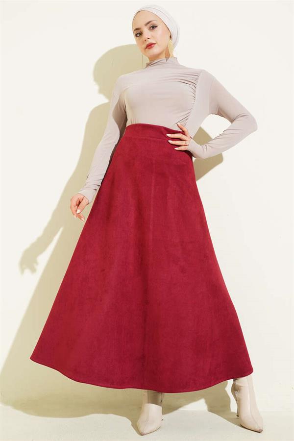 Suede A-line Skirt with Waist Zipper, Burgundy