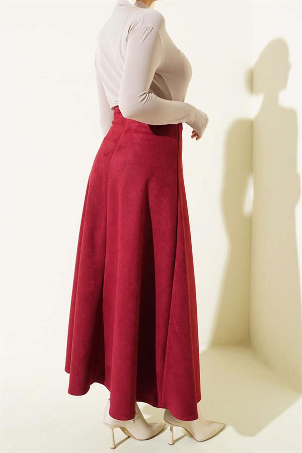 Suede A-line Skirt with Waist Zipper, Burgundy