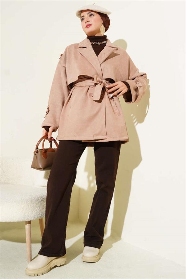Suede Cape Belted Trench Coat Beige