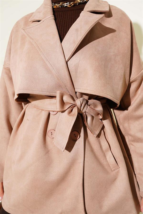 Suede Cape Belted Trench Coat Beige