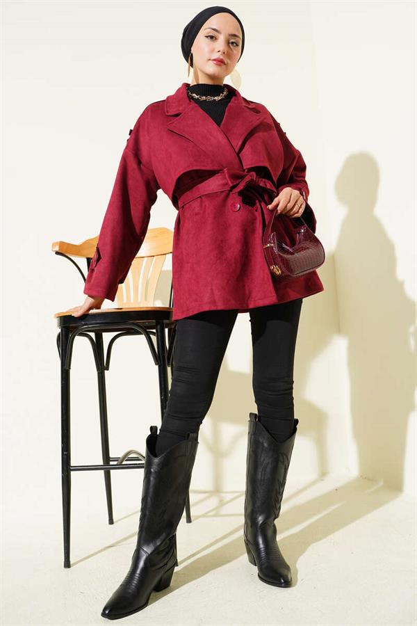 Suede Cape Belted Trench Coat Burgundy