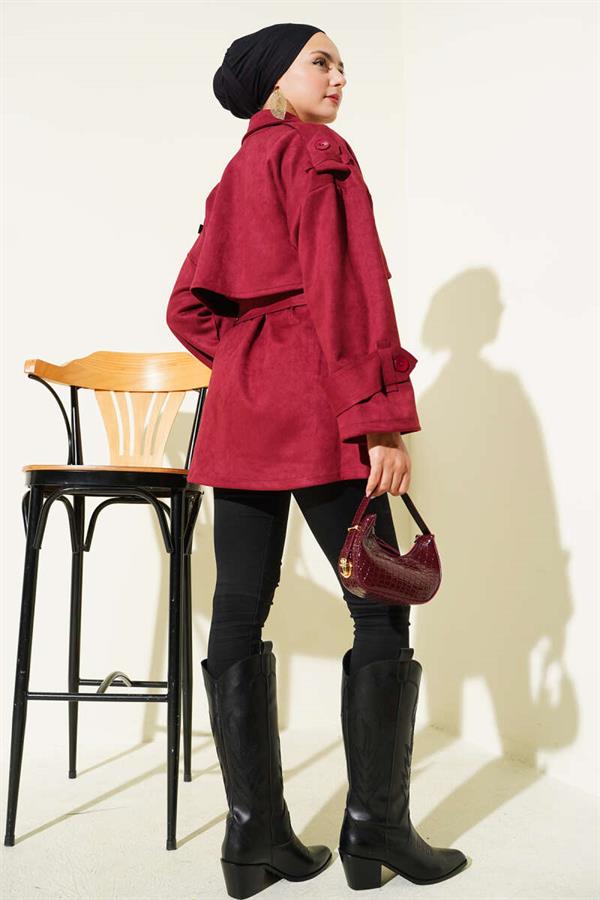 Suede Cape Belted Trench Coat Burgundy