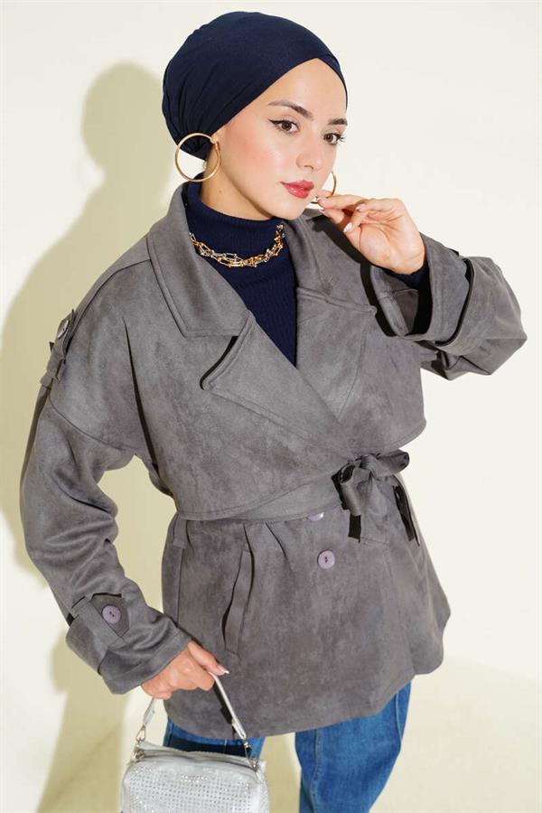 Suede Cape Belted Trench Coat Smoke