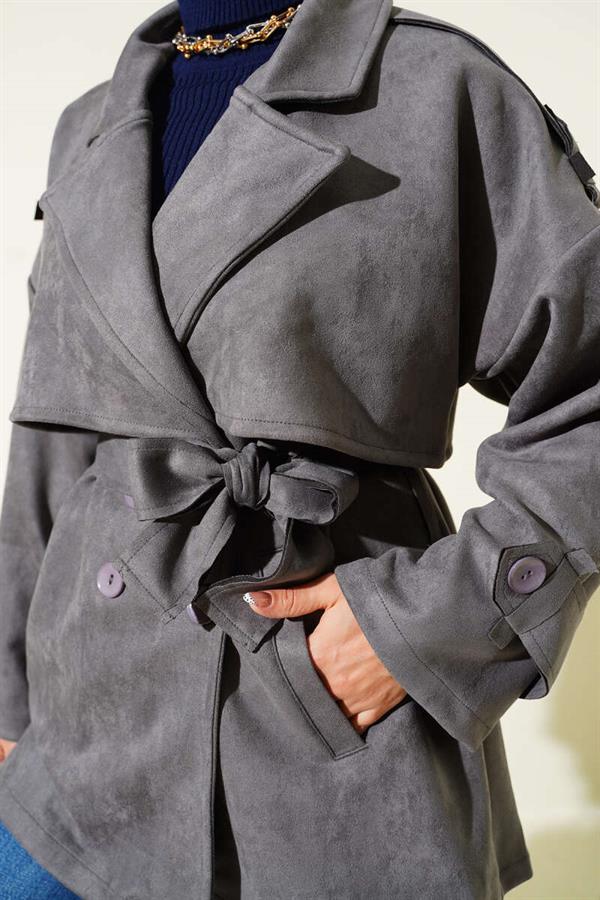 Suede Cape Belted Trench Coat Smoke