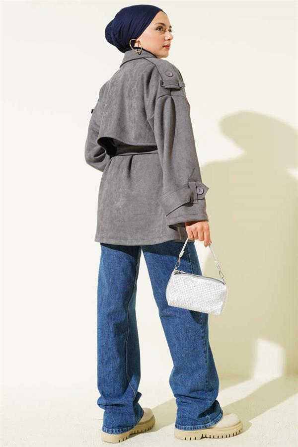 Suede Cape Belted Trench Coat Smoke