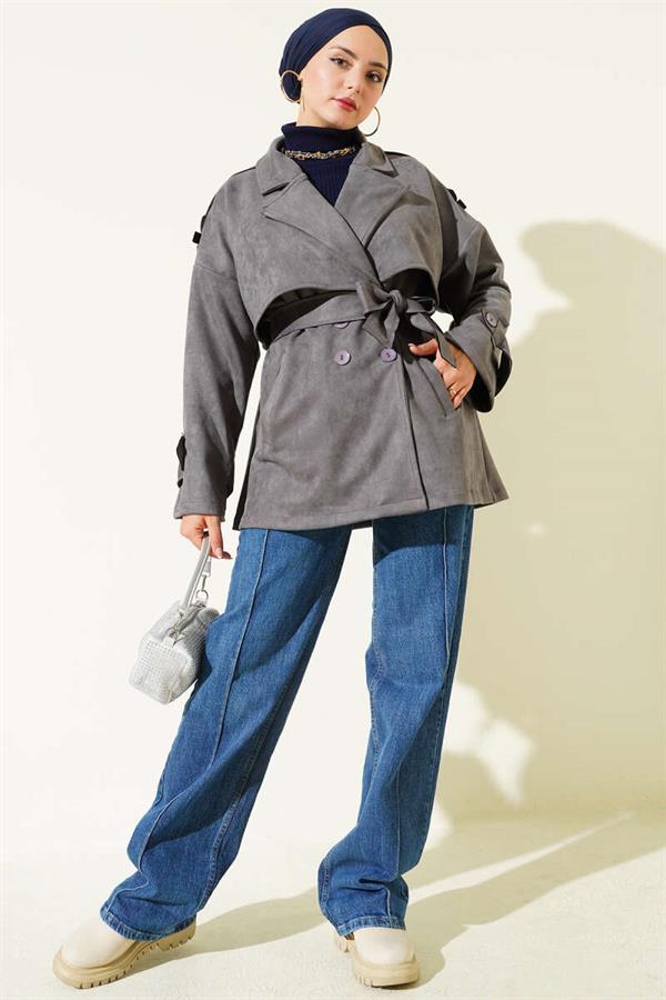 Suede Cape Belted Trench Coat Smoke