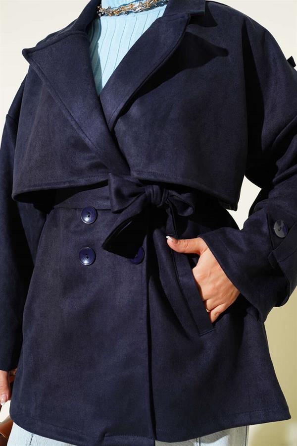 Suede Cape Belted Trench Coat Navy Blue