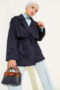 Suede Cape Belted Trench Coat Navy Blue