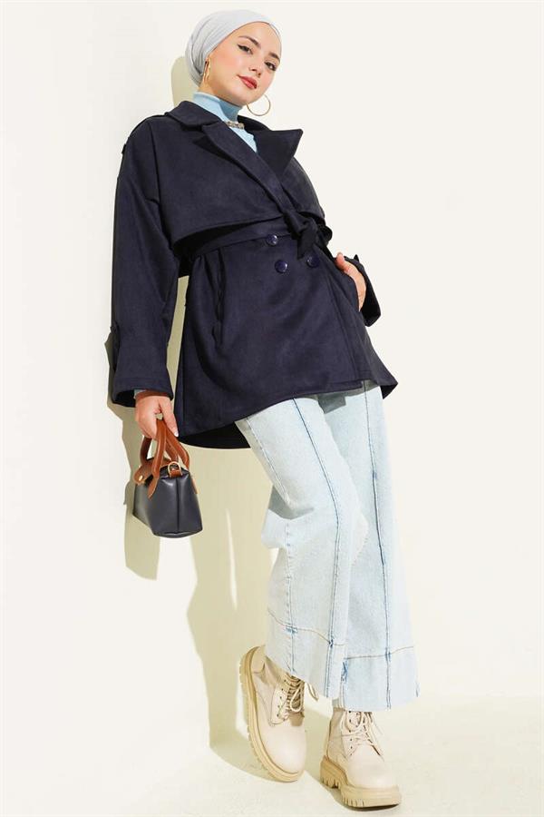 Suede Cape Belted Trench Coat Navy Blue