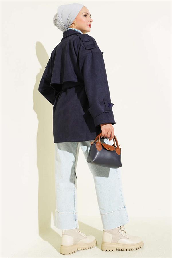 Suede Cape Belted Trench Coat Navy Blue