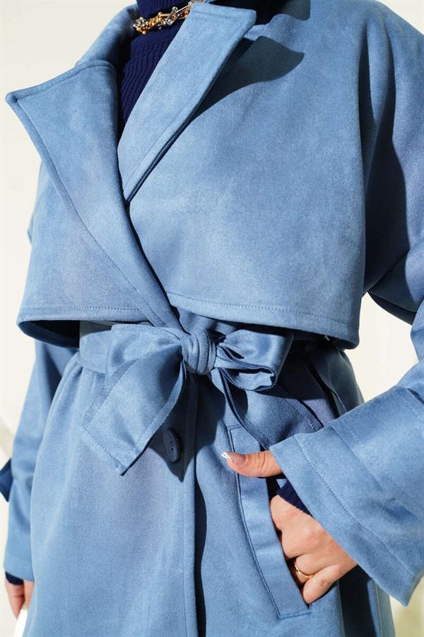 Suede Cape Belted Trench Coat Blue