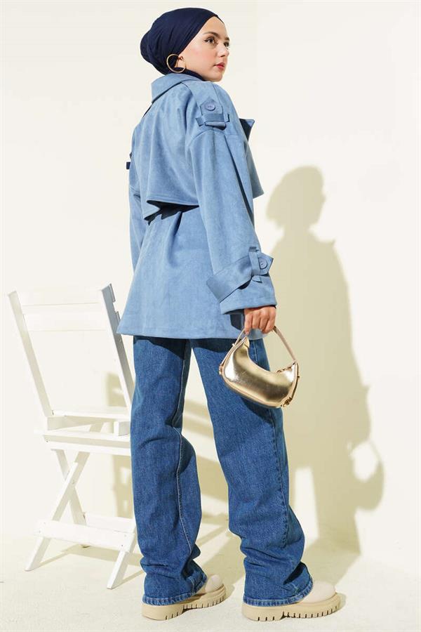 Suede Cape Belted Trench Coat Blue