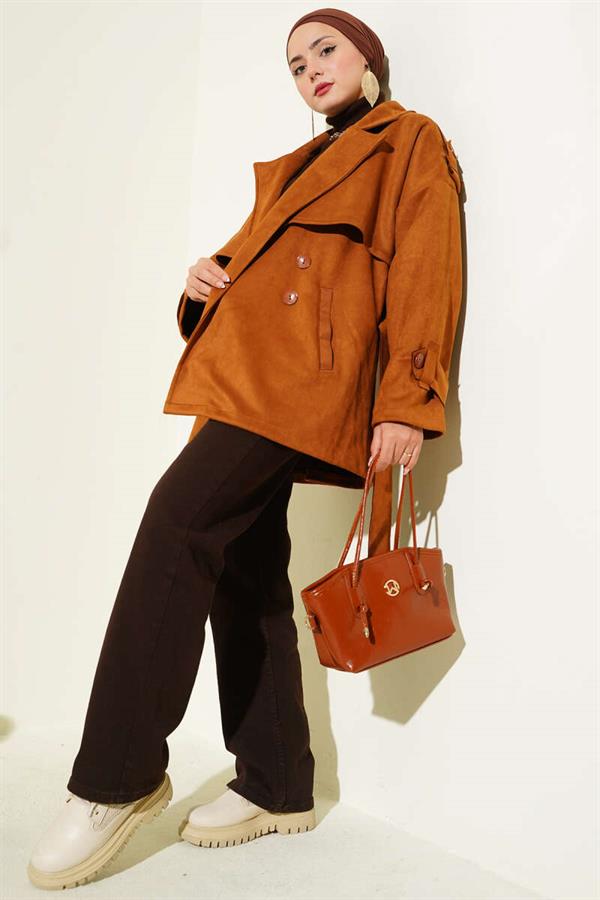 Suede Cape Belted Trench Coat Tan