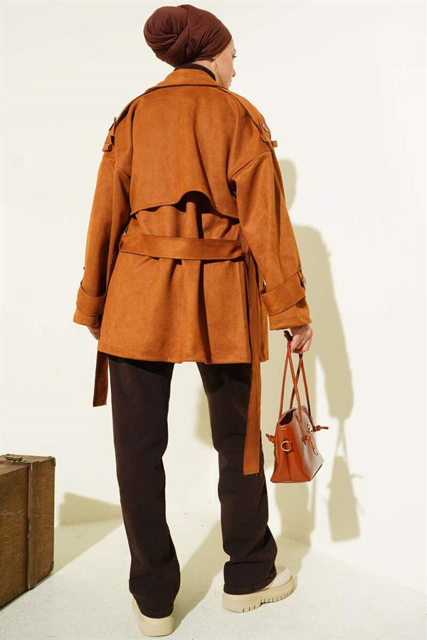 Suede Cape Belted Trench Coat Tan