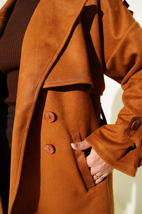 Suede Cape Belted Trench Coat Tan