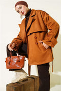 Suede Cape Belted Trench Coat Tan