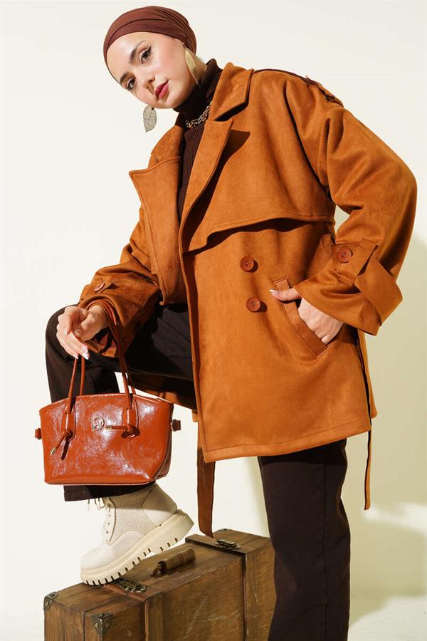 Suede Cape Belted Trench Coat Tan