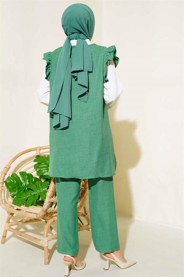 Sweater Ruffle Three Piece Linen Set Green