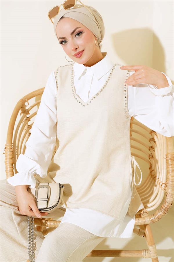  Sweater Stone Detailed 3 Piece Set Beige