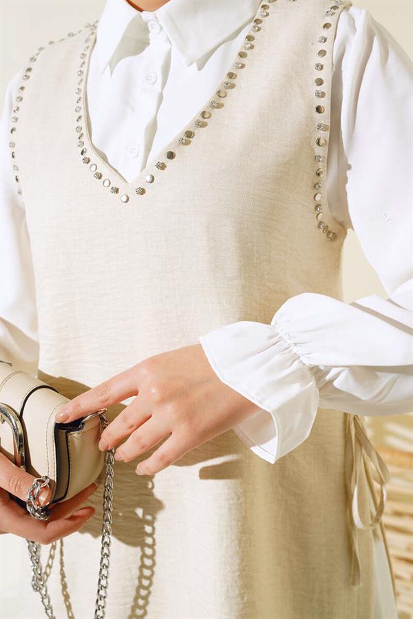  Sweater Stone Detailed 3 Piece Set Beige