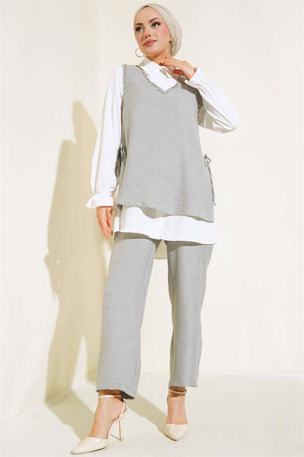  Sweater Stone Detailed 3 Piece Set Gray