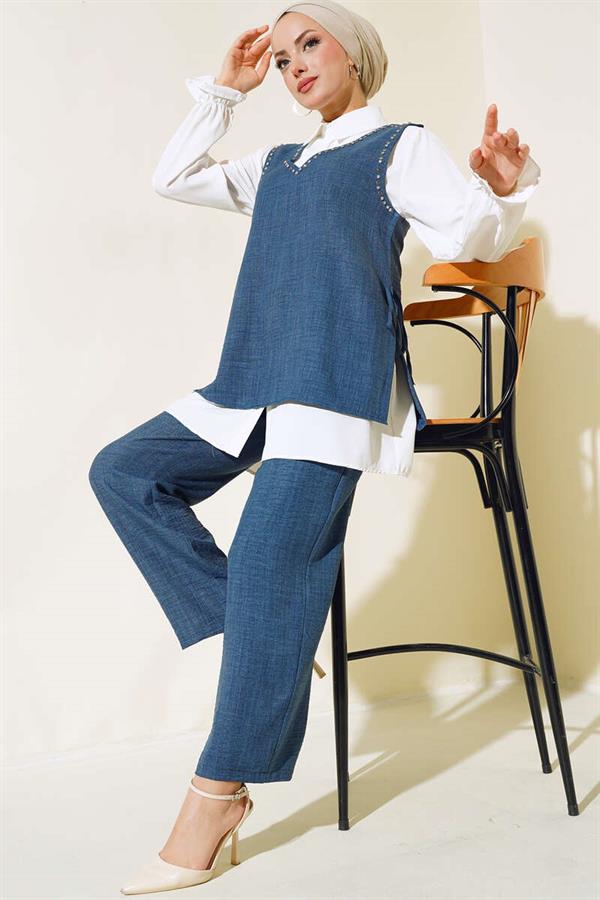  Sweater Stone Detailed 3 Piece Set Indigo