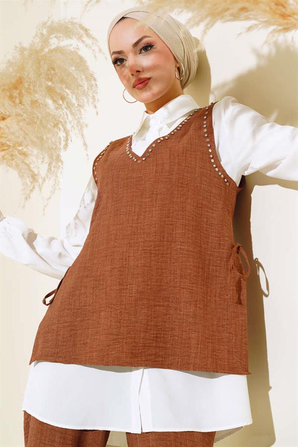  Sweater Stone Detailed 3 Piece Set Brown