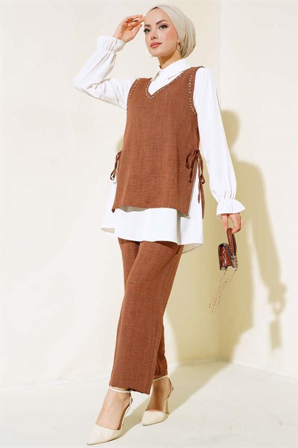  Sweater Stone Detailed 3 Piece Set Brown