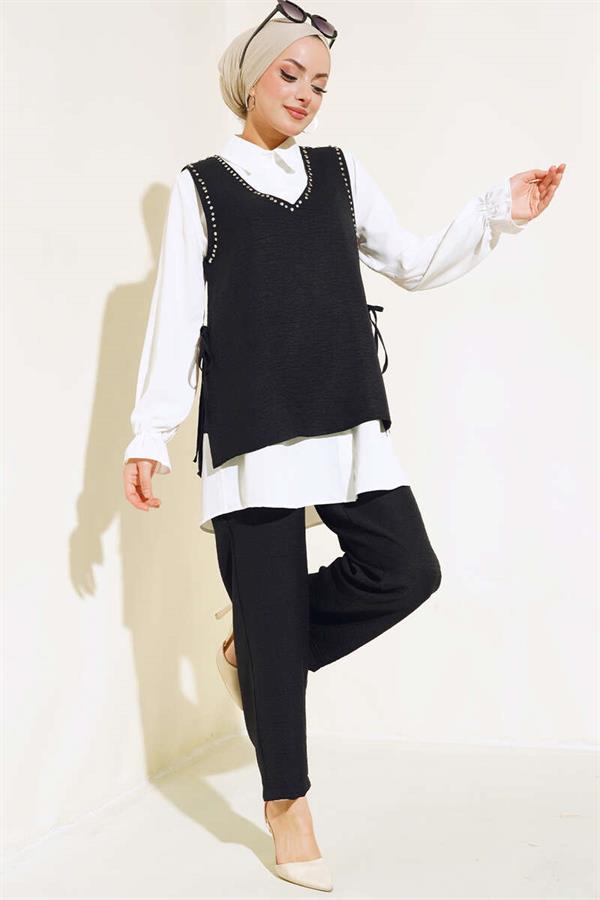  Sweater Stone Detailed 3 Piece Set Black
