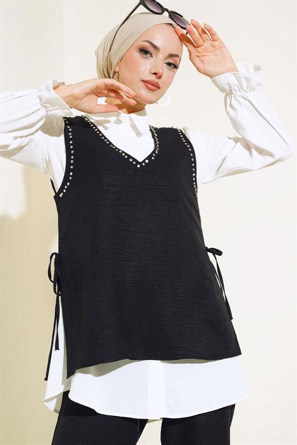  Sweater Stone Detailed 3 Piece Set Black