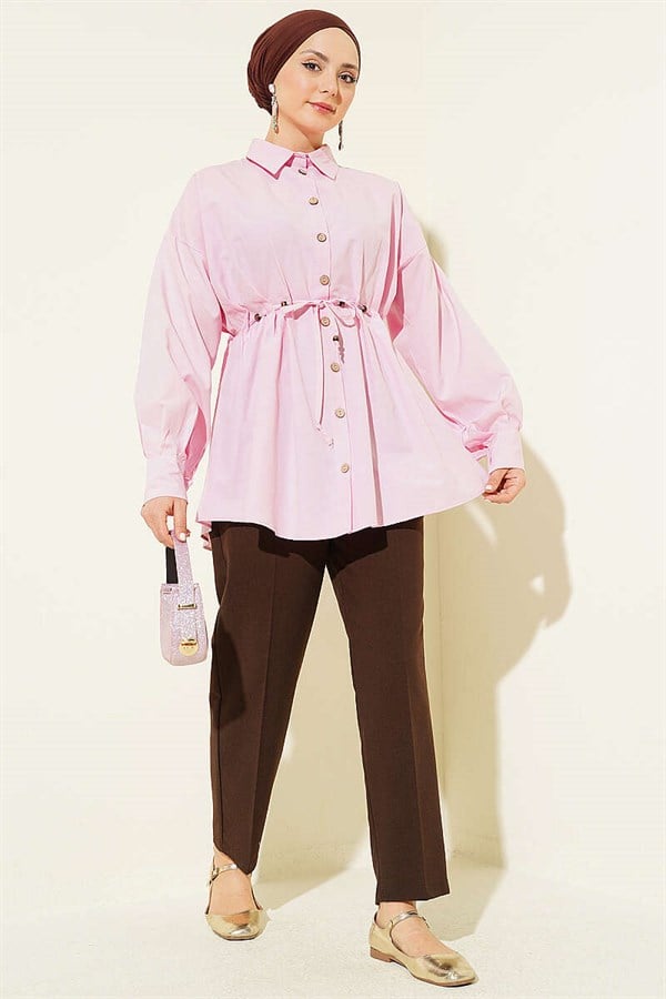Pink Shirt with Wooden Buttons, Waistband and Darts