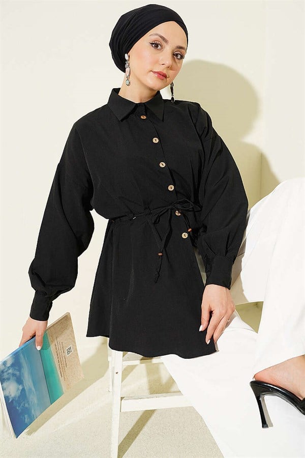 Black Shirt with Wooden Buttons, Waistband and Darts
