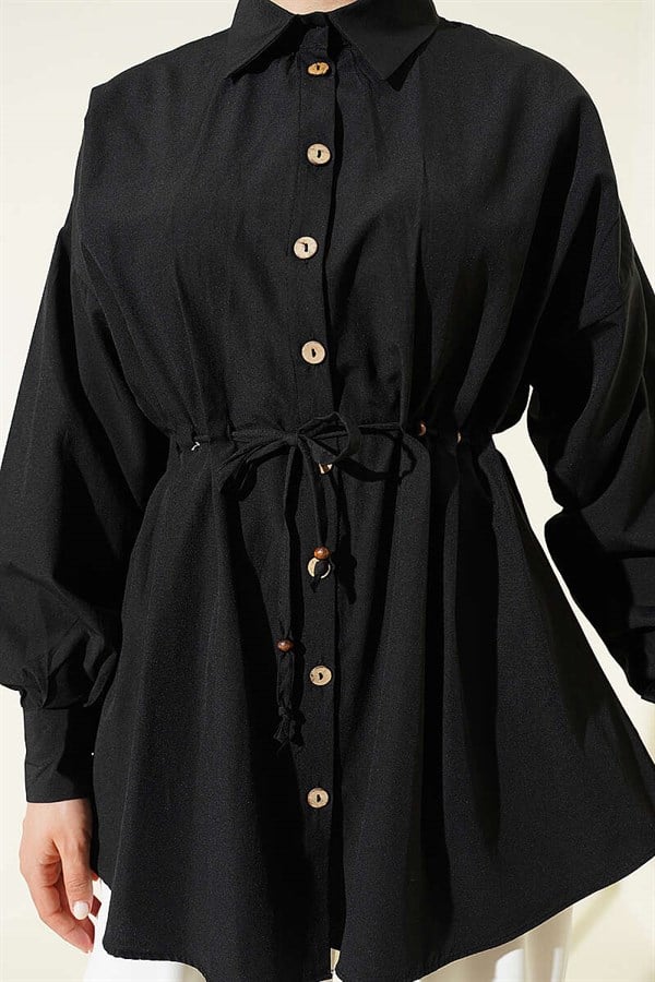 Black Shirt with Wooden Buttons, Waistband and Darts