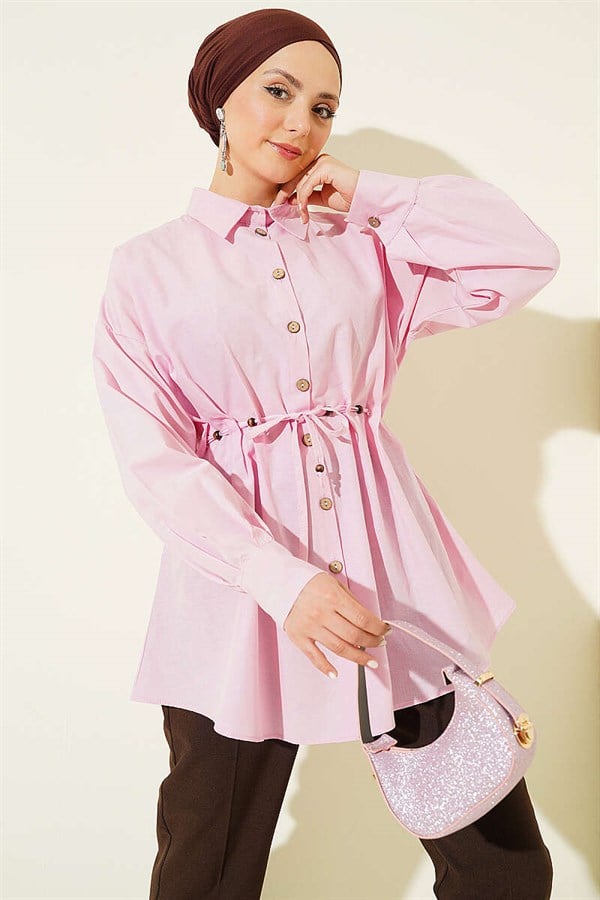 Pink Shirt with Wooden Buttons, Waistband and Darts
