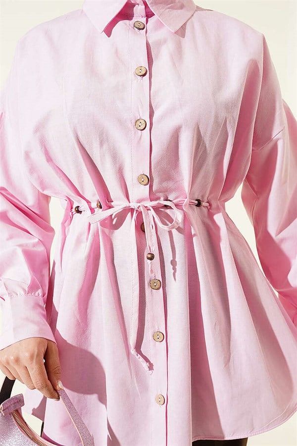 Pink Shirt with Wooden Buttons, Waistband and Darts