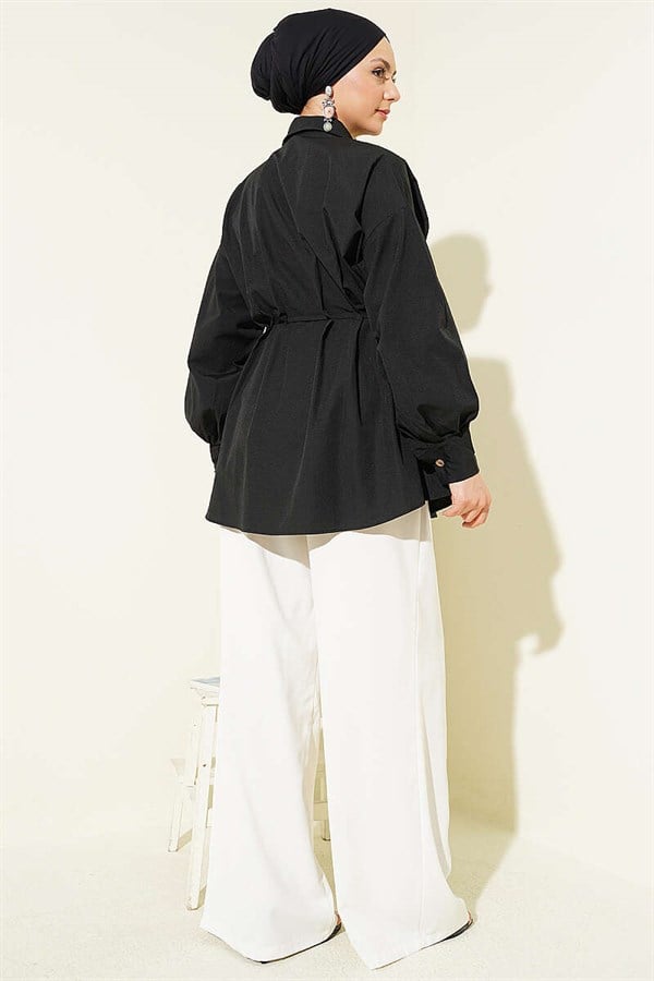 Black Shirt with Wooden Buttons, Waistband and Darts